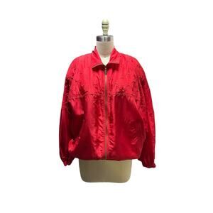 Fuda Jacket Red Gold Beaded Full Zip Bomber Windbreaker Pockets 100% Silk L